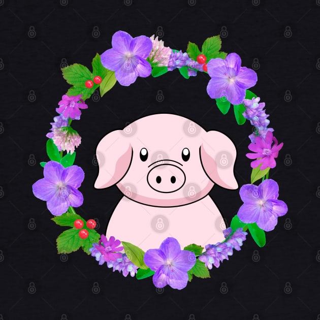 Cute Pig With Flower Wreath by Purrfect